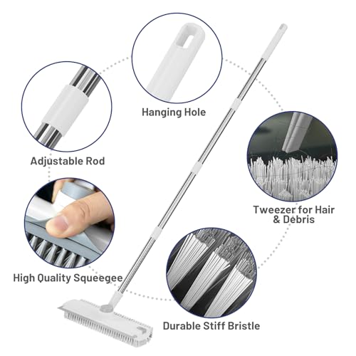 Floor Scrub Brush with Long Handle: 3 in 1 Heavy-Duty Floor Scrubber Brush with Squeegee for Cleaning Tile Bathroom Deck Kitchen Patio - White - color: White