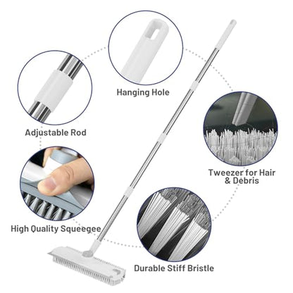 Floor Scrub Brush with Long Handle: 3 in 1 Heavy-Duty Floor Scrubber Brush with Squeegee for Cleaning Tile Bathroom Deck Kitchen Patio - White - color: White
