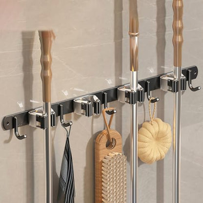 Wall-Mounted Broom Holder Stainless Steel Mop Storage Rack Laundry Room Storage Solution Suitable for Kitchens, Gardens, Garages (Black: 4 clips with 5 hooks) - color: Black: 4 clips with 5 hooks