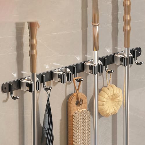 Wall-Mounted Broom Holder Stainless Steel Mop Storage Rack Laundry Room Storage Solution Suitable for Kitchens, Gardens, Garages (Black: 4 clips with 5 hooks) - color: Black: 4 clips with 5 hooks