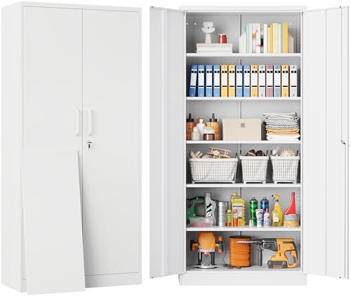 White Metal Storage Cabinet with 2 Doors and 6 Shelves,71" Tall Metal Cabinet with Lock,Lockable Garage Storage Cabinets,Locking File Cabinet,Steel Tool Cabinets for Home,Office,Garage,Shop - color: White, size: 71"H -2 Door -6 Shelves