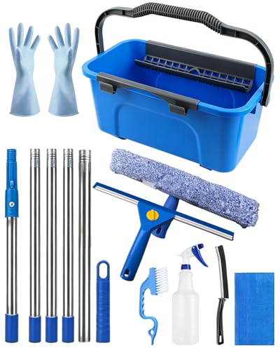 Window Cleaning Kit with Storage Bucket, Squeegee Cleaner Tool with Extension Pole, Glass Cleaning Tools Set with Spray Bottle, Brush, Scrubber, Gap Brush & Gloves for Window Shower Mirror Car