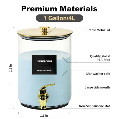 Glass Laundry Detergent Dispenser for Laundry Room Organization, 1 Gallon Large Liquid Soap Dispenser with Black Metal Lid & Leak-Proof Spigot, 2 Measured Cups, 2 Silicone Mats & 9 Labels (2, Gold) - color: Gold