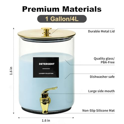 Glass Laundry Detergent Dispenser for Laundry Room Organization, 1 Gallon Large Liquid Soap Dispenser with Black Metal Lid & Leak-Proof Spigot, 2 Measured Cups, 2 Silicone Mats & 9 Labels (2, Gold) - color: Gold