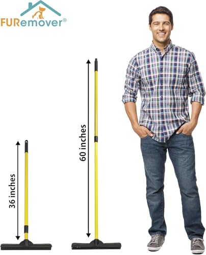 FURemover Pet Hair Removal Rubber Broom, 58" Telescopic Handle with Lint Brush - color: Yellow