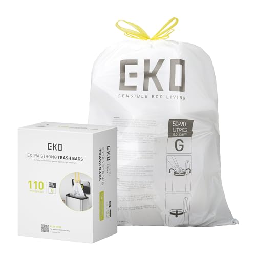 EKO 21 Gallon / 50-90 Liter,110 CountDrawstring Trash Bags, Extra-Strong Unscented Garbage Bags, Easy-Dispense Roll for Kitchen & Household Use, Resists Tears, Leaks and Punctures, Code G, White - size: 110 Count (Pack of 1), style: 21 Gallon Bags/Code G