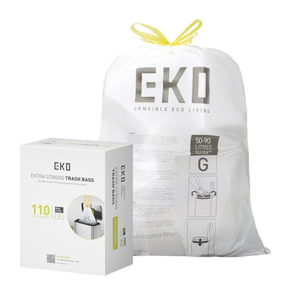EKO 21 Gallon / 50-90 Liter,110 CountDrawstring Trash Bags, Extra-Strong Unscented Garbage Bags, Easy-Dispense Roll for Kitchen & Household Use, Resists Tears, Leaks and Punctures, Code G, White - size: 110 Count (Pack of 1), style: 21 Gallon Bags/Code G