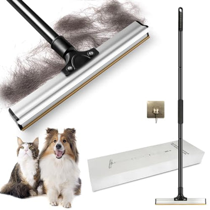 Dual Side Pet Hair Remover, Adjustable Carpet Rake Hair Removal Tool with Copper Serrated & Silicone Edge, Reusable Dog Cat Hair Remover Broom for Embedded Fur Removal from Carpet