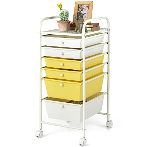 Giantex 6 Storage Drawer Cart Rolling Organizer Cart for Tools Scrapbook Paper Home Office School Multipurpose Mobile Utility Cart (Beige & Yellow) - color: Beige+Yellow, size: 6 Drawer-13.5"x17"x30"