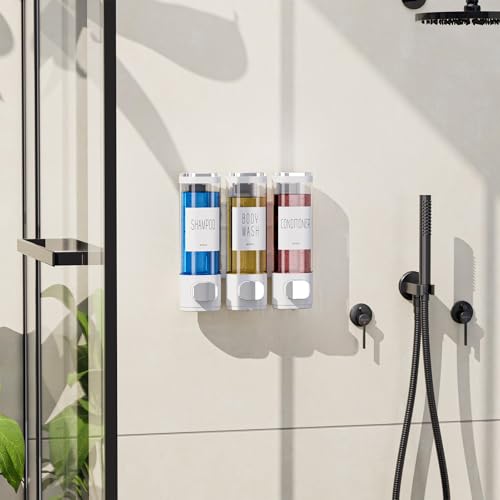 VITVITI Shampoo and Conditioner Dispenser for Shower Wall, Shower Soap Dispenser 3 Chamber No Drill Wall Mounted, 10.2 OZ Plastic Refillable Shower/Body Wash Bottles for Bathroom (White) - color: White