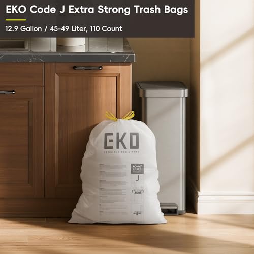 EKO 12.9 Gallon / 45-49 Liter, 110 Count Drawstring Trash Bags, Extra-Strong Unscented Garbage Bags, Easy-Dispense Roll for Kitchen & Household Use, Resists Tears, Leaks and Punctures, Code J, White - size: 110 Count (Pack of 1), style: 12.9 Gallon Bags/C