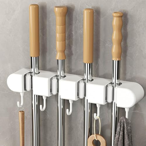 Wall Mounted Mop and Broom Holder, 4 Racks And 5 Hooks Vacuum Suction Cup Mop Holder, Stainless Steel & ABS Organizer for Kitchen, Bathroom, Garage, Laundry Room (White) - color: White