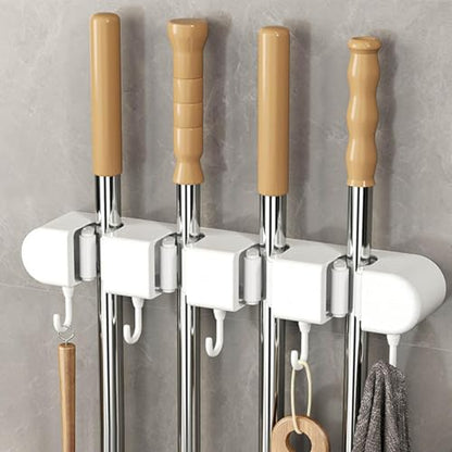 Wall Mounted Mop and Broom Holder, 4 Racks And 5 Hooks Vacuum Suction Cup Mop Holder, Stainless Steel & ABS Organizer for Kitchen, Bathroom, Garage, Laundry Room (White) - color: White