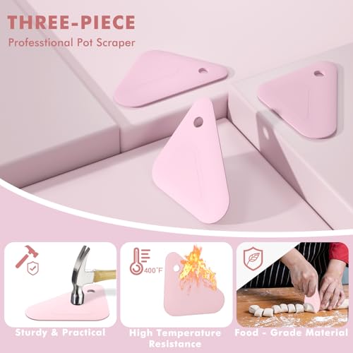 Food Scraper, 2-in-1 Pot and Pan Dish Scraper, Nylon and Silicone, Kitchen Scraper Tools for Cast Iron Skillets, Cookware, Dishes, Pans and Pots, Heat Resistant, Set of 3 - Pink - color: Pink