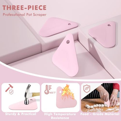 Food Scraper, 2-in-1 Pot and Pan Dish Scraper, Nylon and Silicone, Kitchen Scraper Tools for Cast Iron Skillets, Cookware, Dishes, Pans and Pots, Heat Resistant, Set of 3 - Pink - color: Pink