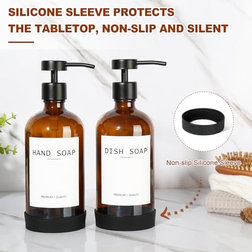 RYTOXILO Hand Soap Dispenser for Bathroom 2 Pack, Amber Glass Soap Dispenser with Stainless Steel Pump, 16.9 Fl oz Hand and Dish Soap Dispensers Set Kitchen, Modern Brown Soap Lotion Dispensers Bottle - color: Amber, size: 2 Pack