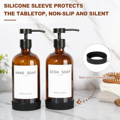 RYTOXILO Hand Soap Dispenser for Bathroom 2 Pack, Amber Glass Soap Dispenser with Stainless Steel Pump, 16.9 Fl oz Hand and Dish Soap Dispensers Set Kitchen, Modern Brown Soap Lotion Dispensers Bottle - color: Amber, size: 2 Pack