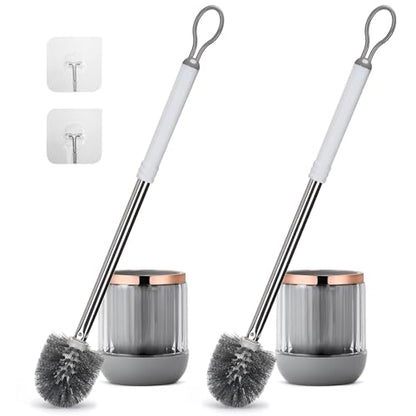 Toilet Bowl Brush and Holder 2 Pack Long Handle Toilet Brush for Bathroom with Separate Base for Floor and Wall Mounted Plastic Toilet Brush Set Under The Rim Household Cleaning (White)