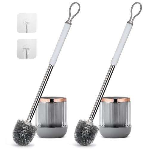 Toilet Bowl Brush and Holder 2 Pack Long Handle Toilet Brush for Bathroom with Separate Base for Floor and Wall Mounted Plastic Toilet Brush Set Under The Rim Household Cleaning (White)
