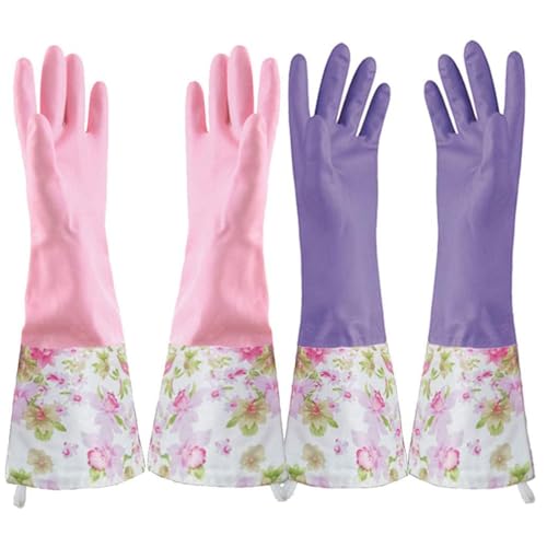 KINGFINGER 2 Pairs Latex-Free Reusable Dishwashing Gloves,PVC Waterproof Long Cuff and Flock Lining Household Cleaning Gloves,for Kitchen & Bathroom Cleaning, Large - color: Purple+pink