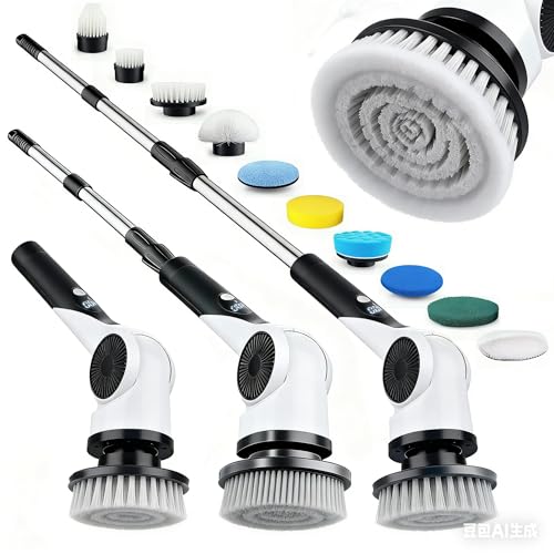 3-Speed Cordless Shower Scrubber with 10 Replaceable Brush Heads, 90 Mins Runtime & Full-Body IPX7 Waterproof Shower Brush for Bathroom Kithchen