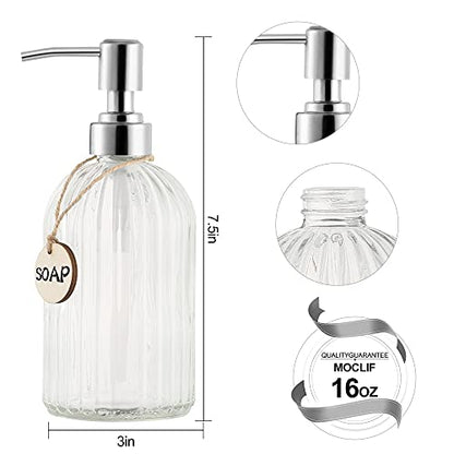 MOCLIF 16 OZ Soap Dispenser，Tempered Glass Clear Vertical Stripe with 304 Rust Proof Stainless Steel Pump Refillable Liquid Hand Soap Dispenser，for Bathroom, Kitchen, Dish Soap，Lotion (Clear) - color: White