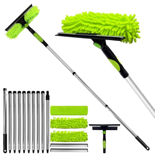 Professional 152" Window Squeegee Cleaner Tool with Extension Pole, 2-in-1 Squeegee for Window Cleaning Kit with Scrubber and Rotating Head, Window Cleaner for Car, Sliding Door, Shower Glass Door