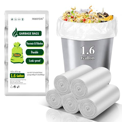 1.6 Gallon Small Biodegradable Trash Bags - Inwaysin Unscented 5 Rolls 200 Count Mini Compostable Bathroom Garbage Bags Tiny Trash Can Liners Strong & Durable for Kitchen, Office, Car - style: Bio-White-1.6Gal200