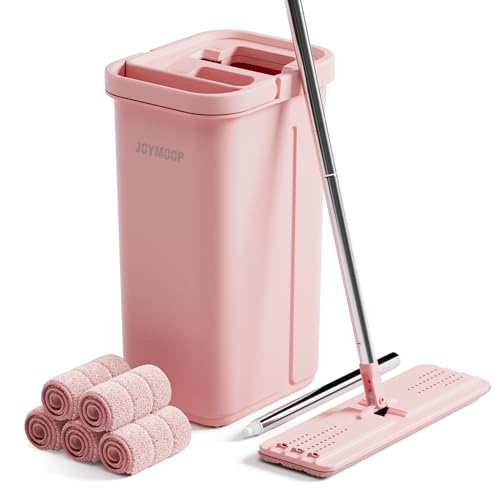 JOYMOOP Pink Mop and Bucket with Wringer Set for Home, with 5 Reusable Microfiber Mop Pads, Hands-Free Self-Cleaning System, Suitable for Floor Cleaning and Wall Cleaner - size: Middle Pink Bucket #13 + 60" Flat Mop + 5 Pads