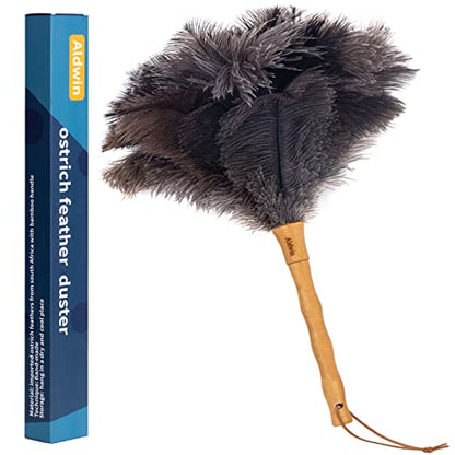 Aldwin Ostrich Feather Duster, 16 inch Ostrich Feather Duster with Wood Handle Reusable, Fluffy Natural Genuine Handheld Feather Duster for Cleaning Supplies, Home, Car, Office - color: Gray
