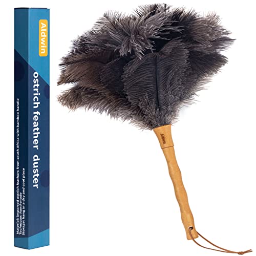 Aldwin Ostrich Feather Duster, 16 inch Ostrich Feather Duster with Wood Handle Reusable, Fluffy Natural Genuine Handheld Feather Duster for Cleaning Supplies, Home, Car, Office - color: Gray