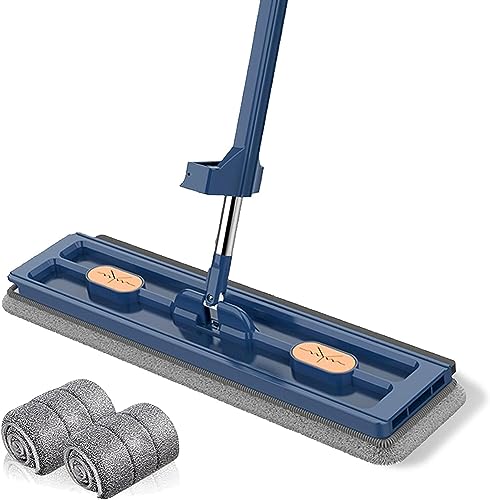 Large Flat Mop - 360° Rotating Mop with Dewatering Scraper, Djustable Stainless Steel Long Handle with 2 Microfiber Pads 12027(54" Blue,+2 Pads) - color: 54" Blue, size: +2 Pads