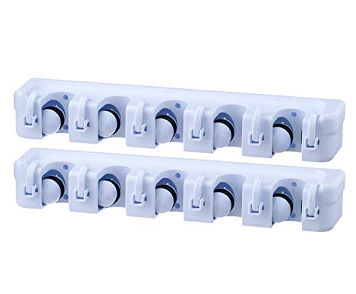 Superio Mop and Broom Holder Wall Mount White (2 Pack) Cleaning Tools Wall Organizer, 5 Rack Slots and 6 Hooks for Kitchen Closet Garage Garden and Office. - color: White, size: Large, 2-pack