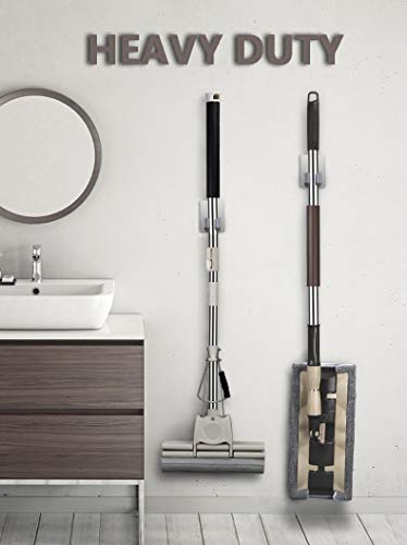 HANZE 2 Pack Stainless Steel Mop Broom Holder Organizer, Self Adhesive Wall Mounted Mop Organizer Storage Rack Clip for Kitchen Bathroom and Garage (Rectangle, Large)
