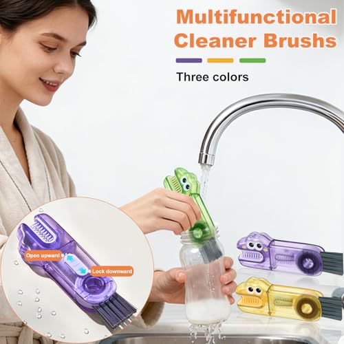 3 in 1 Cup Lid Cleaning Brush, Gap Cleaner Brushs - Home Kitchen Multifunctional Bottle Cleaning Brush Set, Portable Travel Bottle Lid Cleaner Tools - color: Yellow Purple Green