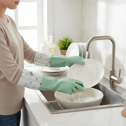 Extended PVC Dishwashing Cleaning Gloves, Reusable Kitchen Dish Gloves, Non-Slip Waterproof Household Gloves for Laundry, Working, Gardening(Green)