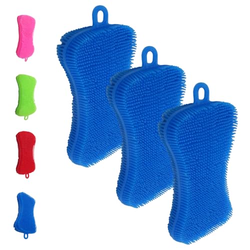 Gadgetime USA Silicone Dish Sponge - Dishwashing Kitchen Scrubber - Double Sided Sponge Brush - Multipurpose & Reusable Silicone Dish Sponges for Dishes, Fruits & Vegetables Cleaning - Blue (3 Pack) - color: Blue