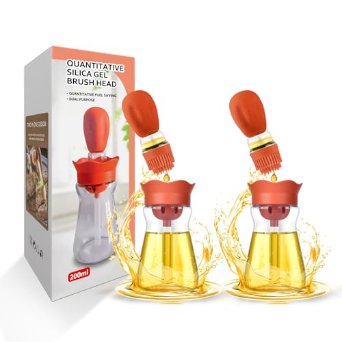 Oil Dispenser with Brush-2Pack 7oz/200ML 2 IN 1 Glass Cooking Oil Dispenser Bottle with Silicone Basting Brush for Kitchen, Oil Storage and Container for Cooking BBQ, Vinegar, Sauce, Air Fryer- Orange - color: Orange-2pcs