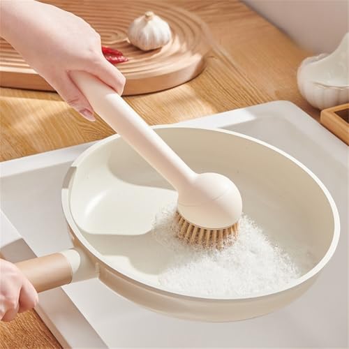 2-Pack Kitchen Cleaning Brushes with Soap Dispenser & 360° Rotating Long Handle – Silicone and PET Dishwashing Tools for Pots, Pans, Sinks, Countertops, Stoves, Tiles, and Cutting Boards Yellow - color: Beige