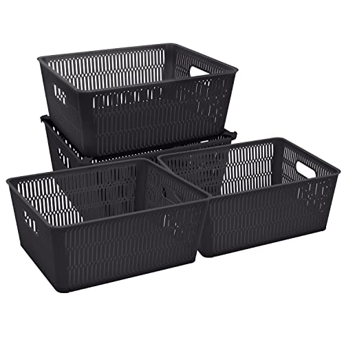 Simplify 4Pk Large Slide 2 Stack It Tote Basket | Storage & Organization | Open Bins with Stackable Capability | Bathroom | Crafts | Pantry | Playroom | Office | Black (KIT-25930-BLK-4PK) - color: Black, size: Large, style: 4 Pack