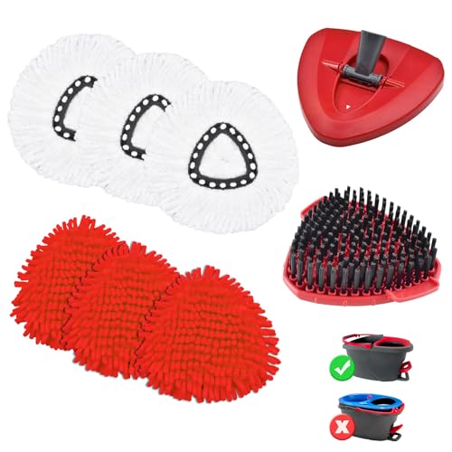 Mop Head Replacements Compatible with OCedar EasyWring, 6 Packs Mops Heads with 1PCS Scrub Brush and 1PCS Spin Mop Base, Dry and Wet for Hard-Surfaced Floors - color: 3red+3white