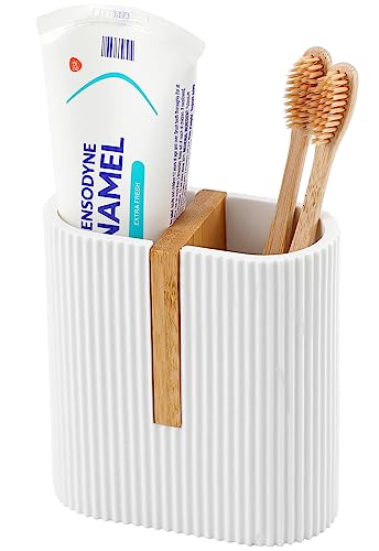 rejomiik Matte White Toothbrush Holders Electric Toothbrush Holder for Bathrooms, Bamboo Tooth Brushing and Toothpaste Storage Organizer for Sink, Countertop - color: White, size: 2 Slots