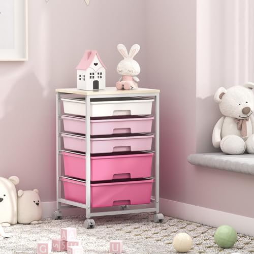 SYKIARIOL Utility Cart with 5 Drawers,Storage Drawer Cart with Wooden Tabletop and Lockable Wheels,Craft Storage Trolley Cart,5-Tier Rolling Utility Cart on Wheels,Rose Pink - color: Rose Pink