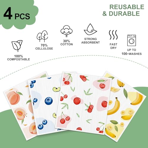 4 PCS Swedish Dishcloths, Reusable Kitchen Dish Cloths, Super Absorbent Cellulose Sponge Cloths, Odor Resistant, Dishwasher Safe & Multi-Purpose Cleaning Cloths - color: Fruits-4pcs