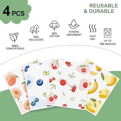 4 PCS Swedish Dishcloths, Reusable Kitchen Dish Cloths, Super Absorbent Cellulose Sponge Cloths, Odor Resistant, Dishwasher Safe & Multi-Purpose Cleaning Cloths - color: Fruits-4pcs