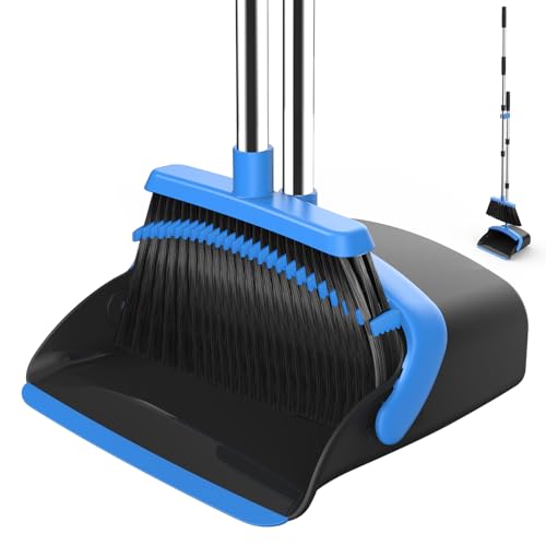 NACENA Broom and Dustpan Set, 52-in Long Adjustable Handle Broom Dustpan Combo with Dustpan Teeth to Automatically Clean Hair Suitable for Home Kitchen Office Hall Floor（Black&Blue） - color: Black-blue, size: 1 Pack