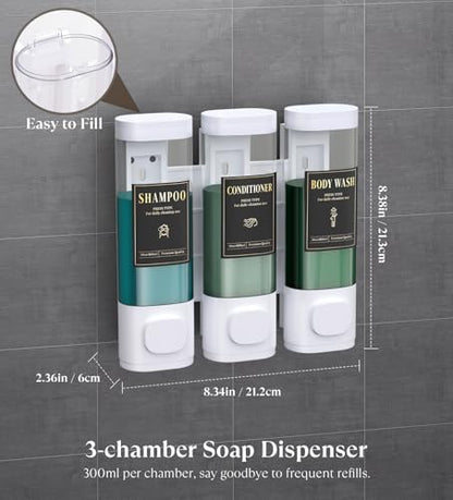 Luxspire Shampoo and Conditioner Dispenser, No Drill Wall Mounted Shower Soap Dispenser 3 Chamber with Waterproof Labels, Easy Refill Soap Dispenser for Bathroom Hotel Kitchen, White - color: White, size: 3 Chamber