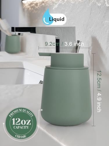 INGOFIN Ceramic Lotion Dispenser - 12oz Refillable Hand Soap Dispenser Bathroom, Modern Liquid Dispenser with Pump, Dish Dispenser for Kitchen, Matte Green - color: Matte Green -Liquid