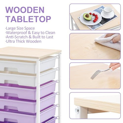 SYKIARIOL Rolling Cart with Drawers,Utility Cart With 8 Drawers and Wooden Tabletop for Living Room,Classroom,Bedroom,Bathroom,Dorm,Office,Purple - color: Purple