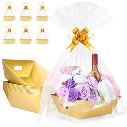 AFOROEOA 10PACK Gold Baskets For Gifts Empty, 10x12” Thick Gift Basket with 10 Bows 10 Bags Empty Gift Baskets for Christmas, Valentine’s Day, Easter, Birthdays, Valentine’s Day Wrapping Gift - color: 10 Gold